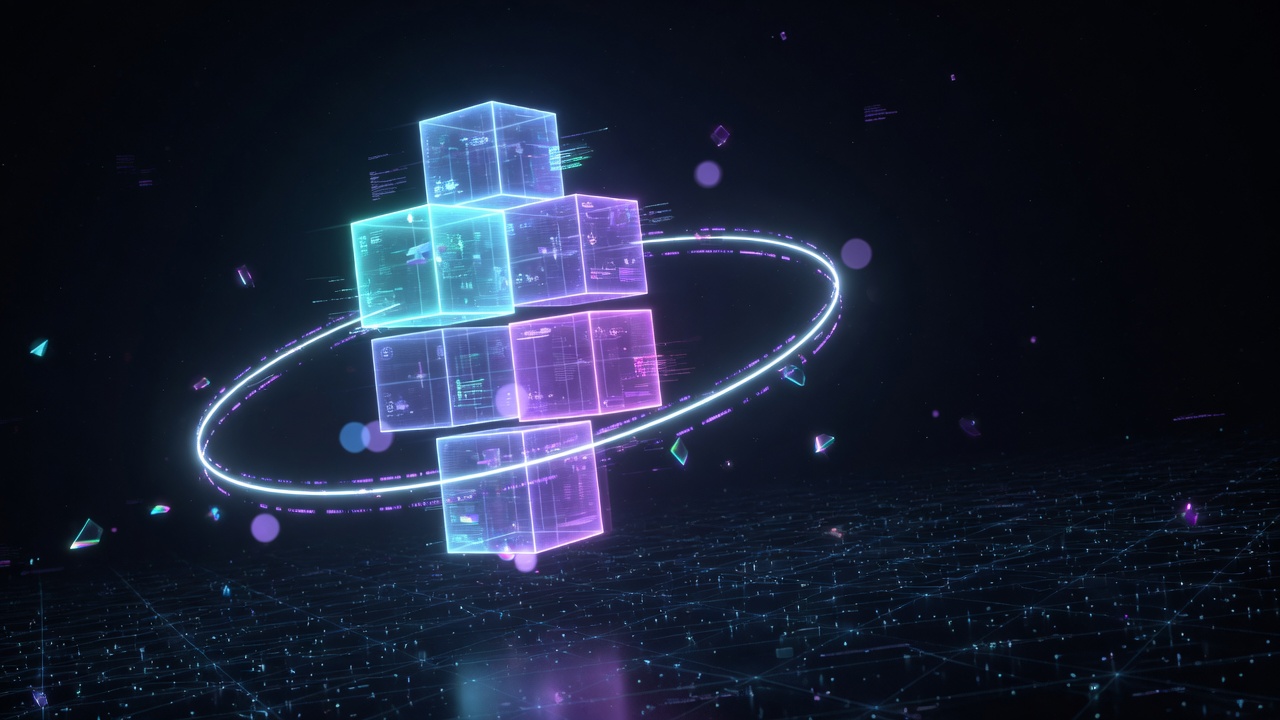 Holographic stacked cubes floating in a digital void — the future is coded here